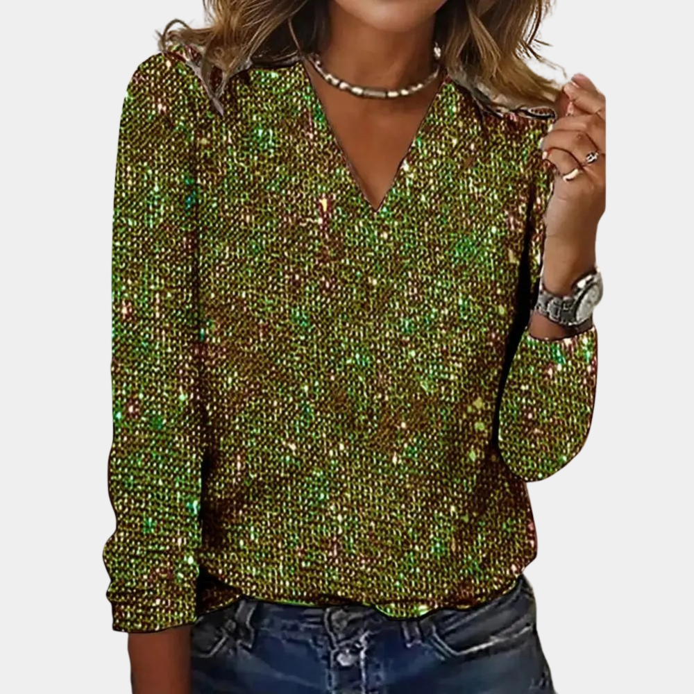 Elegant zwart glittertopje met fonkelende pailletten en V-hals, ideaal voor een stijlvolle avond of speciale gelegenheden.