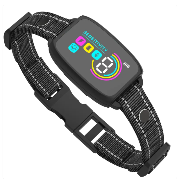 Zwarte hondenhalsband met afstandsbediening, 8 gevoeligheidsniveaus, vibratie en schok, voor effectieve hondentraining.