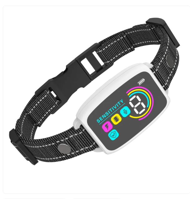 Zwarte hondenhalsband met afstandsbediening, 8 gevoeligheidsniveaus, vibratie en schok, voor effectieve hondentraining.