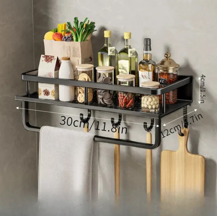 Zwart keukenrek met handdoekhouder, ruimtebesparend, modern design, robuust metaal, ideaal voor kruiden en gebruiksvoorwerpen.