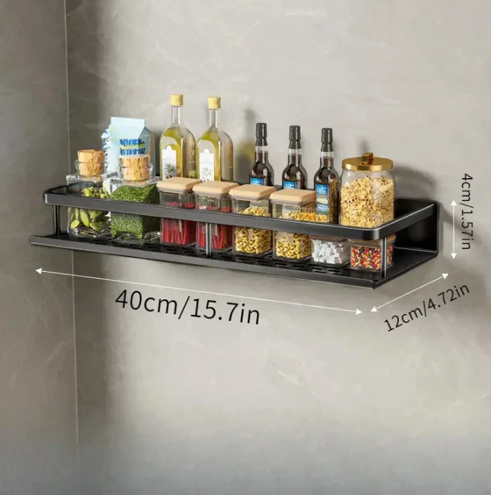Zwart keukenrek met handdoekhouder, ruimtebesparend, modern design, robuust metaal, ideaal voor kruiden en gebruiksvoorwerpen.