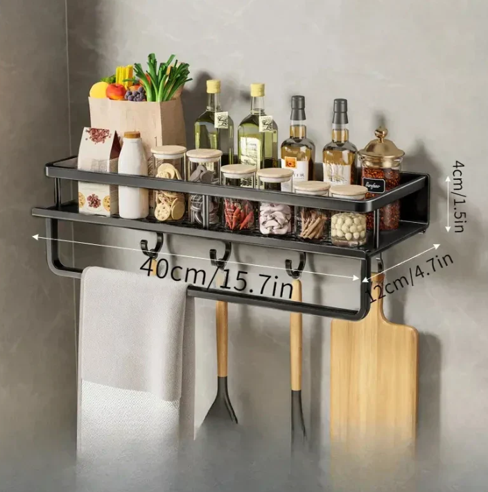 Zwart keukenrek met handdoekhouder, ruimtebesparend, modern design, robuust metaal, ideaal voor kruiden en gebruiksvoorwerpen.