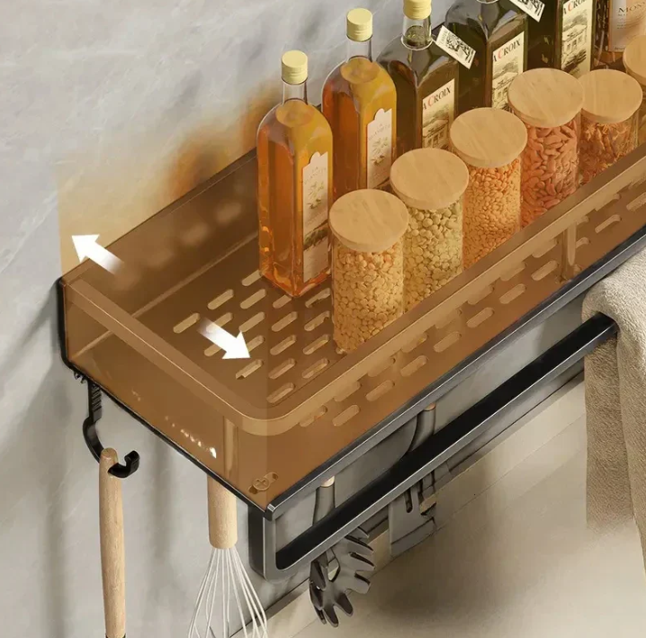 Zwart keukenrek met handdoekhouder, ruimtebesparend, modern design, robuust metaal, ideaal voor kruiden en gebruiksvoorwerpen.