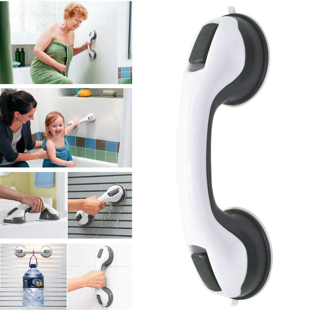 SecureGrip handgreep in de douche gemonteerd, robuuste handgreep met sterke zuignappen op gladde tegels voor stabiele grip.