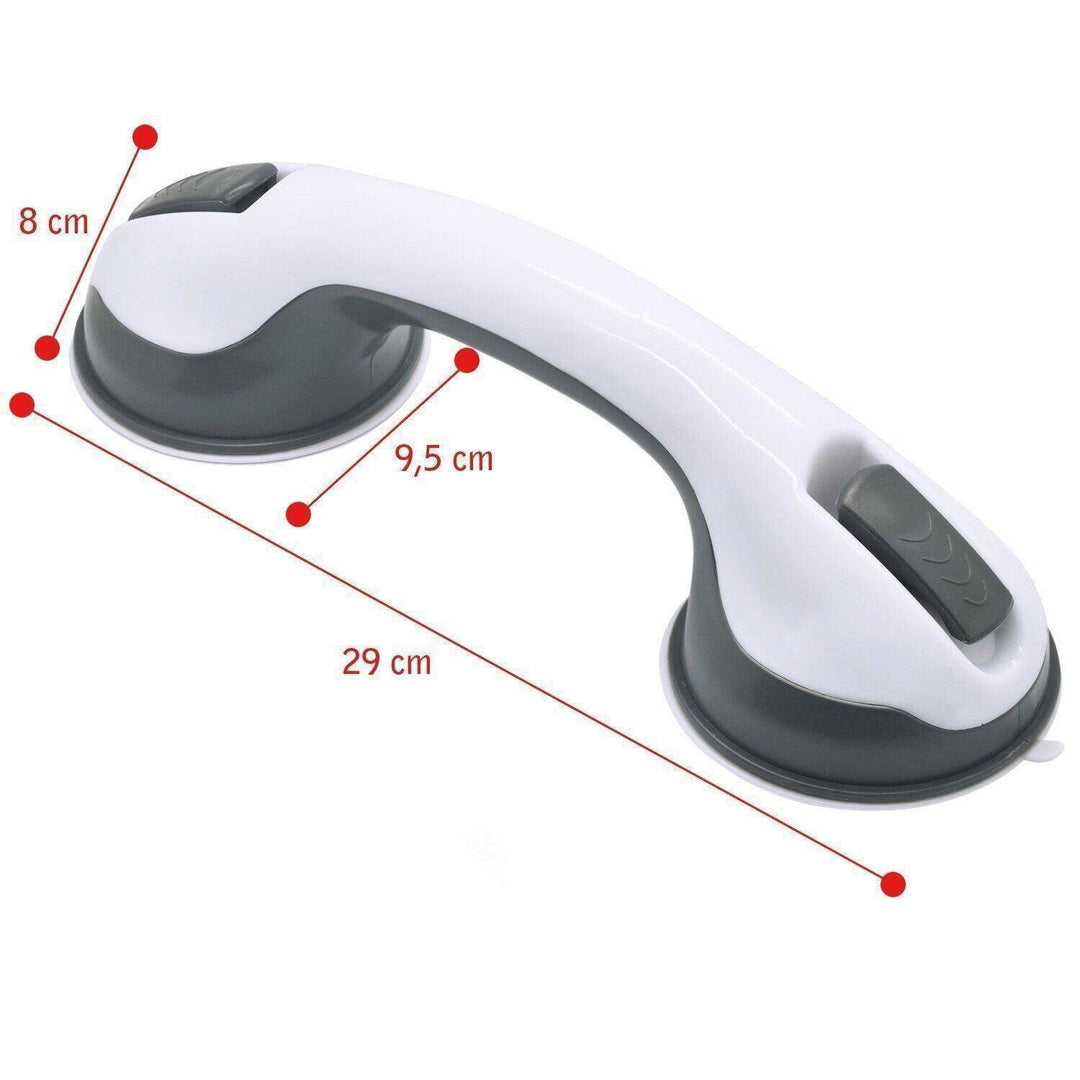 SecureGrip handgreep in de douche gemonteerd, robuuste handgreep met sterke zuignappen op gladde tegels voor stabiele grip.