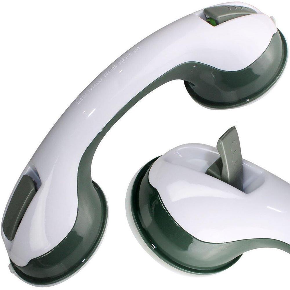 SecureGrip handgreep in de douche gemonteerd, robuuste handgreep met sterke zuignappen op gladde tegels voor stabiele grip.