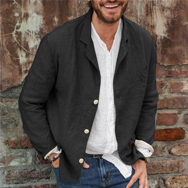 Zijaanzicht van een lichte katoenen blazer voor heren; elegant en ademend ontwerp voor comfort in elke situatie.