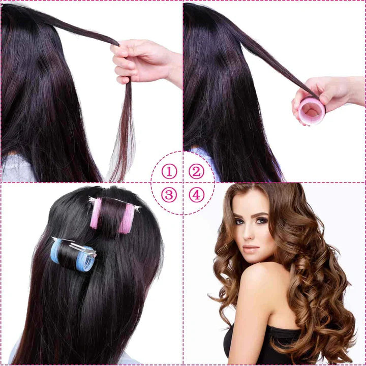 Zelfklevende haarrollers in diverse maten voor volumineuze, hittevrije krullen. Eenvoudig in gebruik, zacht voor het haar.