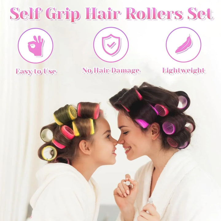 Zelfklevende haarrollers in diverse maten voor volumineuze, hittevrije krullen. Eenvoudig in gebruik, zacht voor het haar.