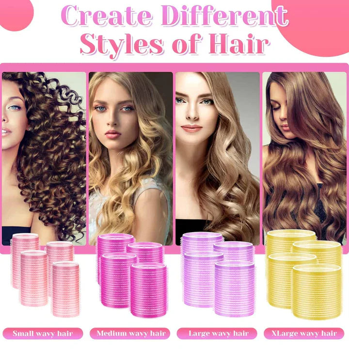 Zelfklevende haarrollers in diverse maten voor volumineuze, hittevrije krullen. Eenvoudig in gebruik, zacht voor het haar.