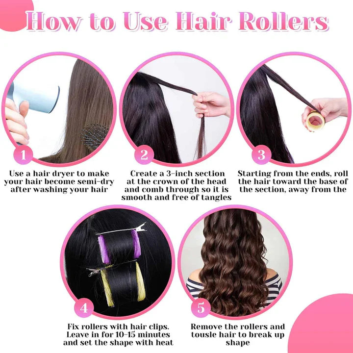 Zelfklevende haarrollers in diverse maten voor volumineuze, hittevrije krullen. Eenvoudig in gebruik, zacht voor het haar.