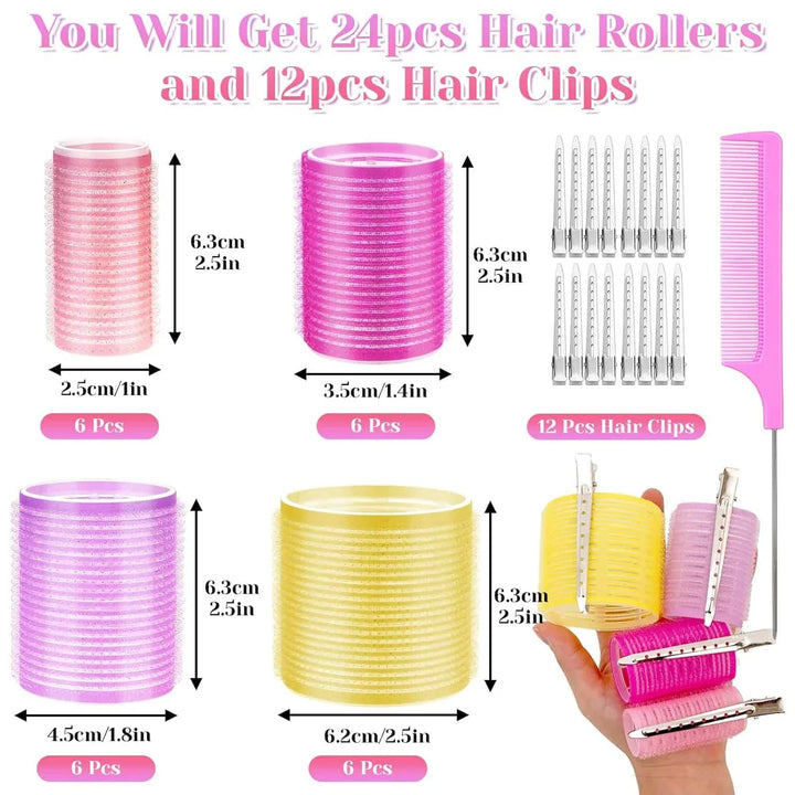 Zelfklevende haarrollers in diverse maten voor volumineuze, hittevrije krullen. Eenvoudig in gebruik, zacht voor het haar.