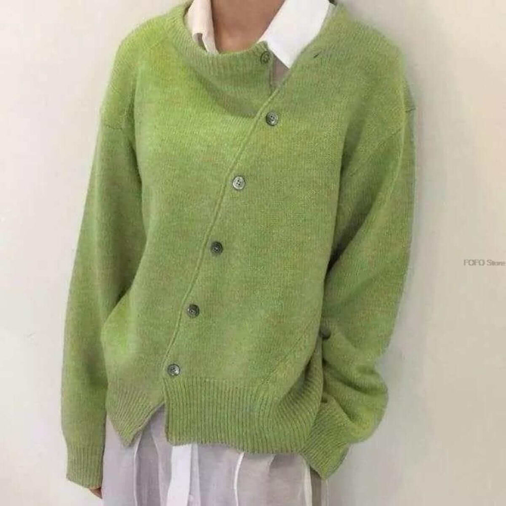 Dames cardigan in een zachte groene tint, gemaakt van comfortabel breisel, ideaal voor de herfst.