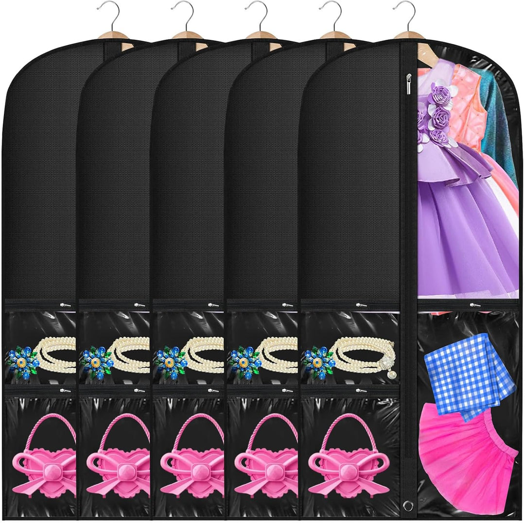 Set van 5 unisex kledinghoezen met transparant venster voor danskleding & kostuums. Ideaal voor opslag & reizen.