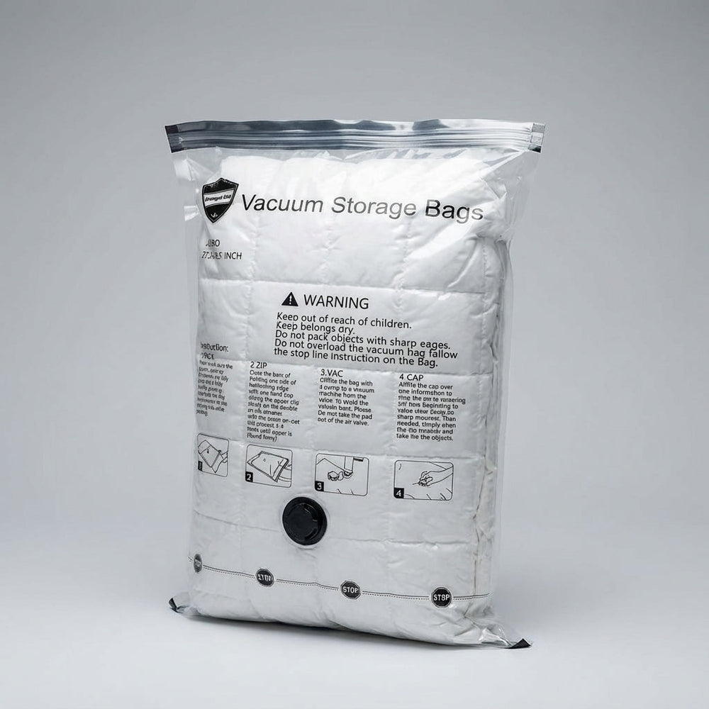 VacuumVault compressiezakken voor stofdichte, vochtbestendige opslag van kleding, beddengoed en textiel.