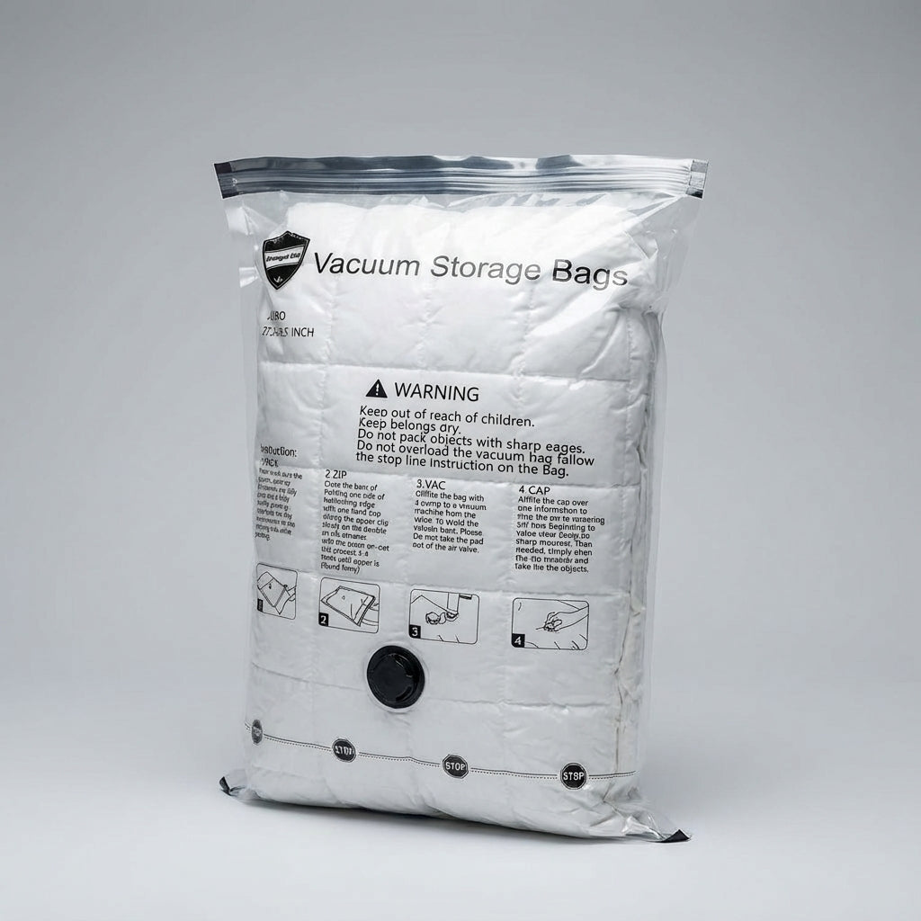 VacuumVault compressiezakken voor stofdichte, vochtbestendige opslag van kleding, beddengoed en textiel.
