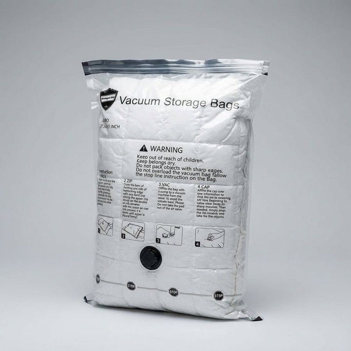 VacuumVault compressiezakken voor stofdichte, vochtbestendige opslag van kleding, beddengoed en textiel.