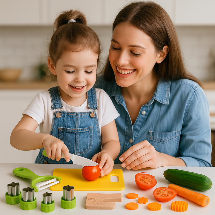 Afbeelding van een veilige kinderkookset: ergonomisch gekleurd keukengereedschap voor kinderen, ideaal voor speels en veilig koken.