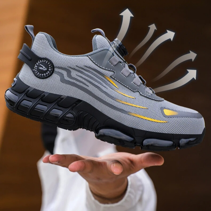Zij-aanzicht van veiligheidsschoenen met stalen neus en antislipzool, ideaal voor werk en vrije tijd, modern design