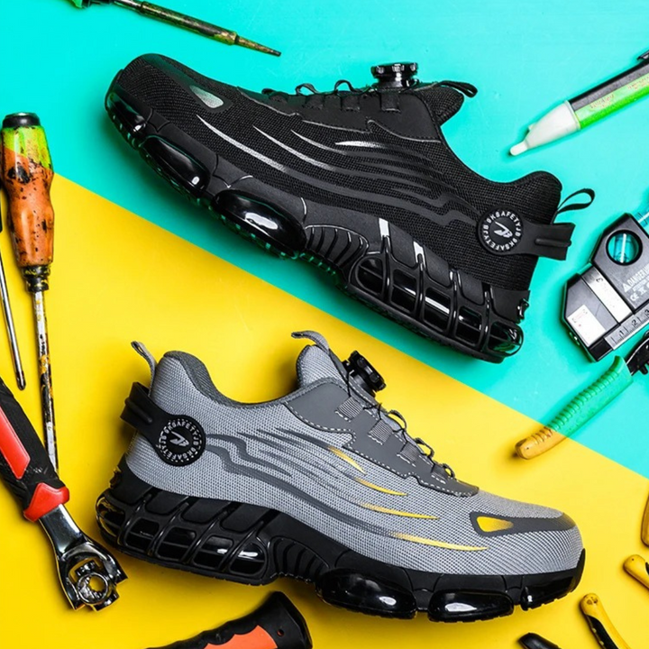 Zij-aanzicht van veiligheidsschoenen met stalen neus en antislipzool, ideaal voor werk en vrije tijd, modern design