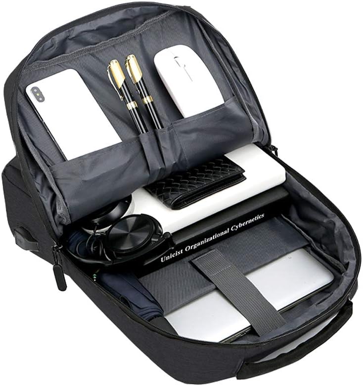 Zwarte, waterdichte laptoprugzak met USB-oplaadpoort, slank design voor werk, school of reizen.