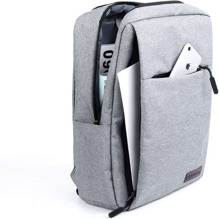 Unisex model draagt de slanke, waterdichte laptoprugzak met USB-poort, comfortabel en stijlvol.