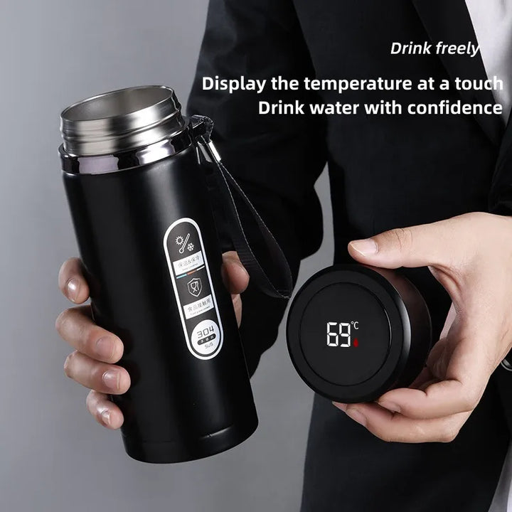 Slimme thermosfles met LED display, roestvrij staal. Houdt dranken urenlang warm of koud, lekvrije waterfles.