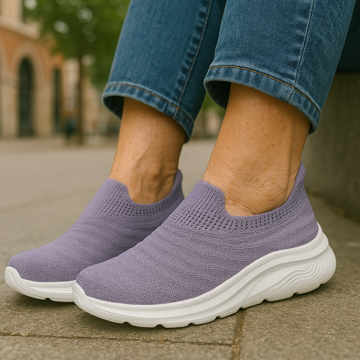 Slip-on sneaker dames, comfortabele anti-pijn instapschoen, paars, gedempte binnenzool, antislip, geen veters.