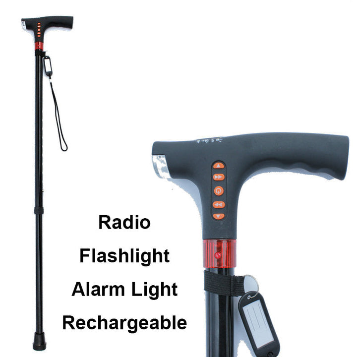 Smart wandelstok voor senioren met LED-licht en radiofunctie, verstelbaar, zwart, van aluminium, comfortabel en veilig.