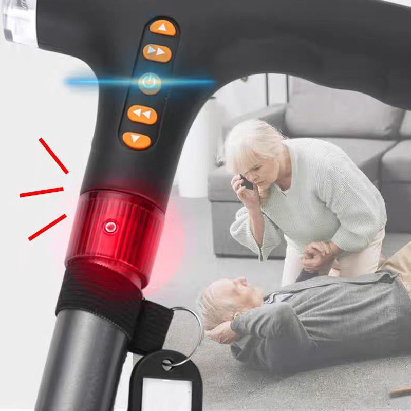Smart wandelstok voor senioren met LED-licht en radiofunctie, verstelbaar, zwart, van aluminium, comfortabel en veilig.