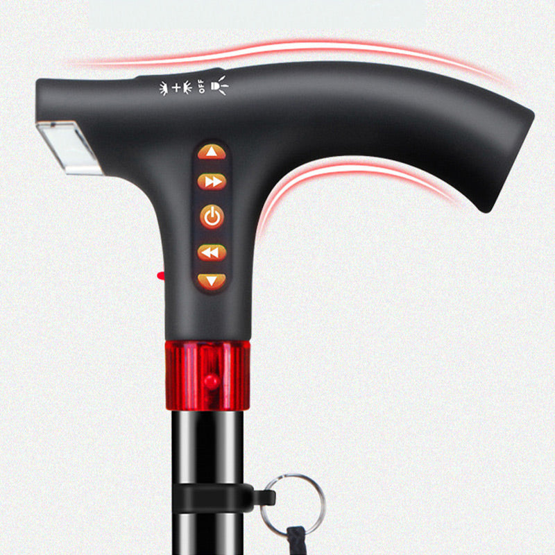 Smart wandelstok voor senioren met LED-licht en radiofunctie, verstelbaar, zwart, van aluminium, comfortabel en veilig.