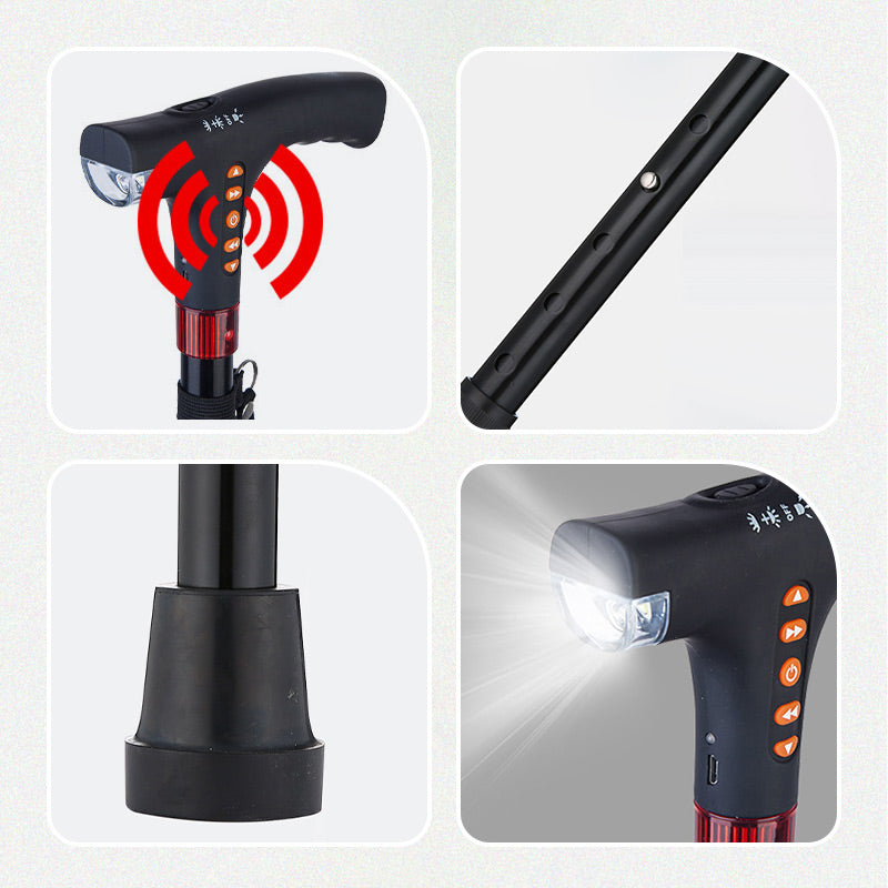 Smart wandelstok voor senioren met LED-licht en radiofunctie, verstelbaar, zwart, van aluminium, comfortabel en veilig.