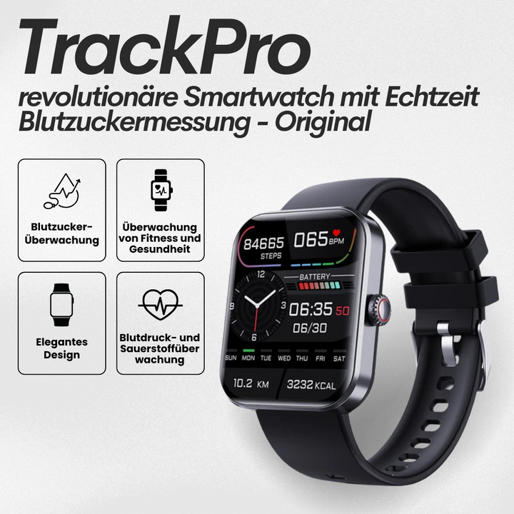 TrackPro Smartwatch in zwart en roze, stijlvol design, gezondheidshorloge met real-time bloedglucosemeting en fitnessfuncties.