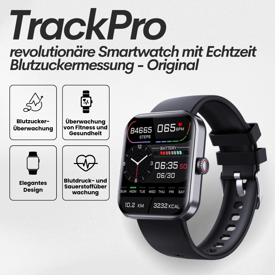 TrackPro Smartwatch in zwart en roze, stijlvol design, gezondheidshorloge met real-time bloedglucosemeting en fitnessfuncties.