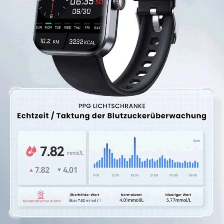 TrackPro Smartwatch in zwart en roze, stijlvol design, gezondheidshorloge met real-time bloedglucosemeting en fitnessfuncties.