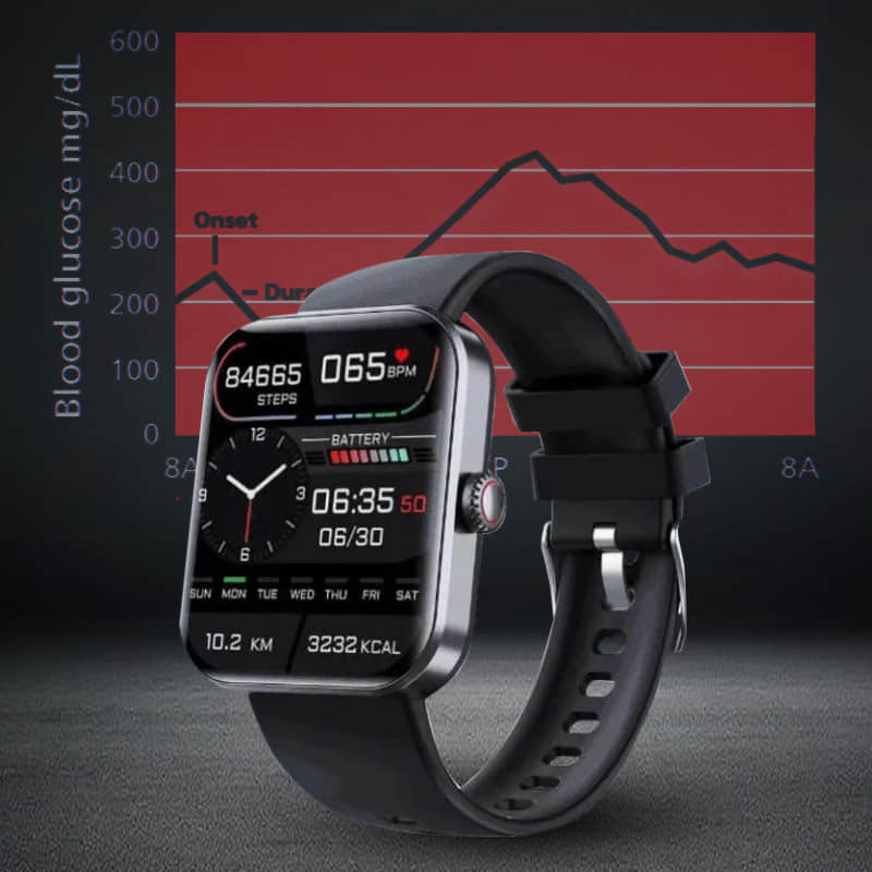 TrackPro Smartwatch in zwart en roze, stijlvol design, gezondheidshorloge met real-time bloedglucosemeting en fitnessfuncties.