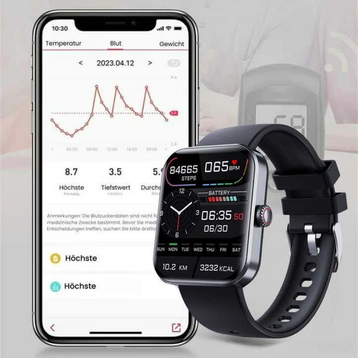 TrackPro Smartwatch in zwart en roze, stijlvol design, gezondheidshorloge met real-time bloedglucosemeting en fitnessfuncties.