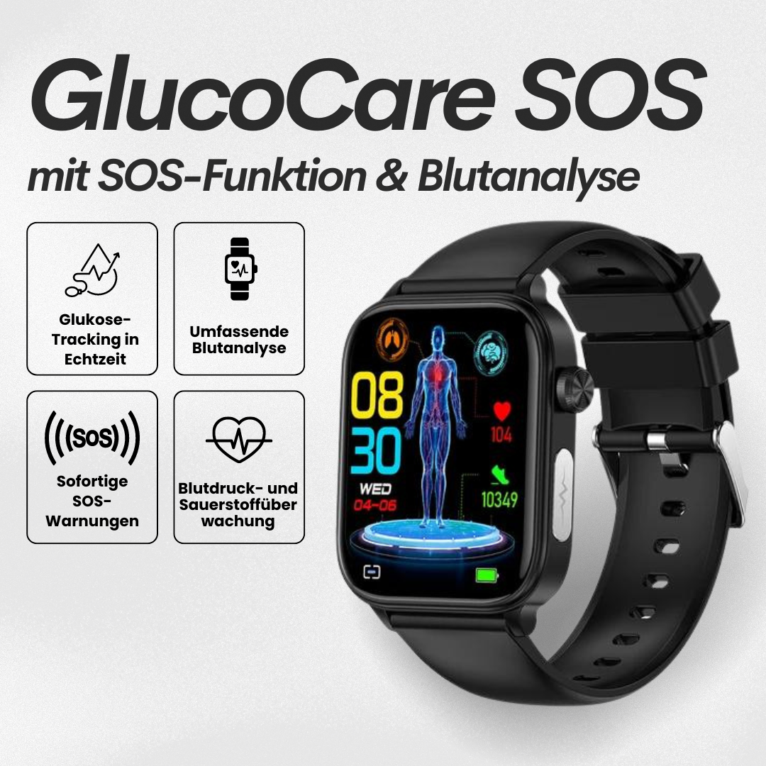 Smartwatch met bloedglucosemeting, zwart, rond wijzerplaat, siliconenachtig, elegante gezondheidsbewaking, SOS-functie.