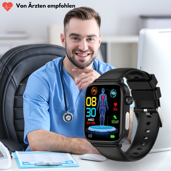 Smartwatch met bloedglucosemeting, zwart, rond wijzerplaat, siliconenachtig, elegante gezondheidsbewaking, SOS-functie.