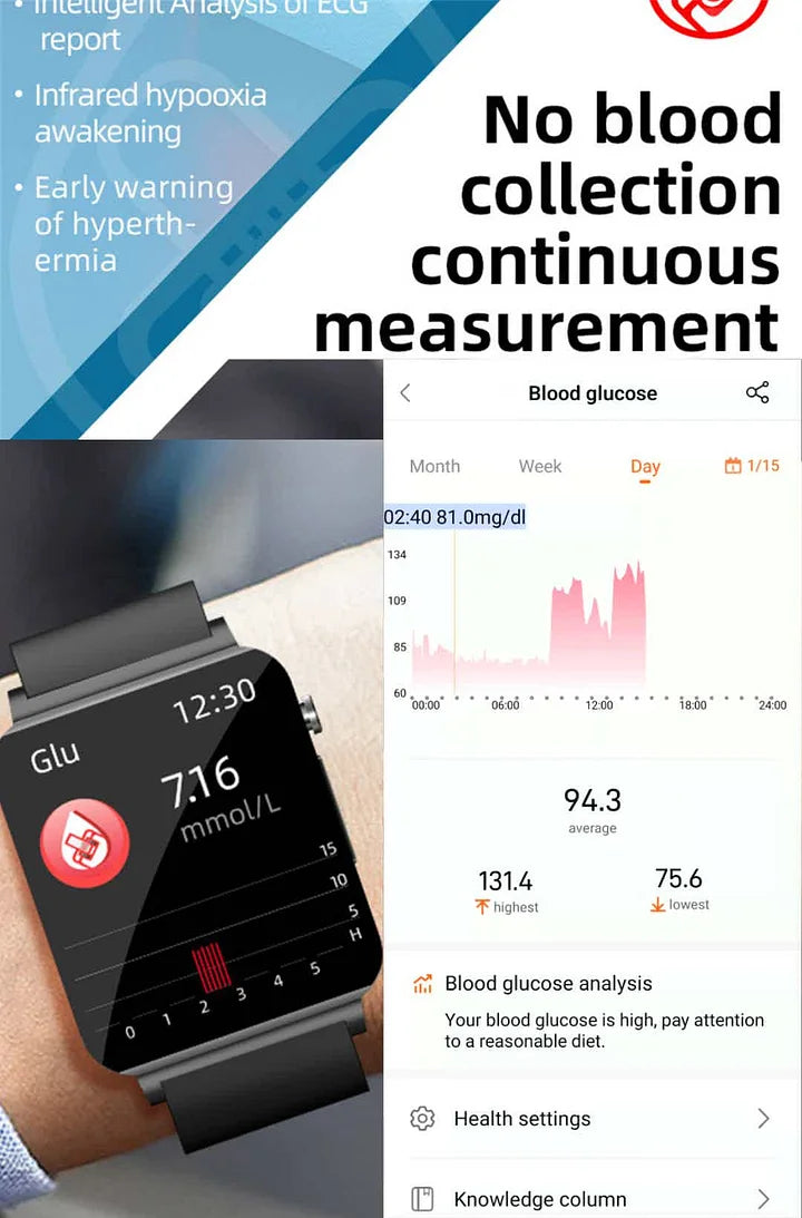 Smartwatch met glad display, ideaal voor pijnloze bloedsuikermeting en wellness-monitoring voor gezondheid en stijl.