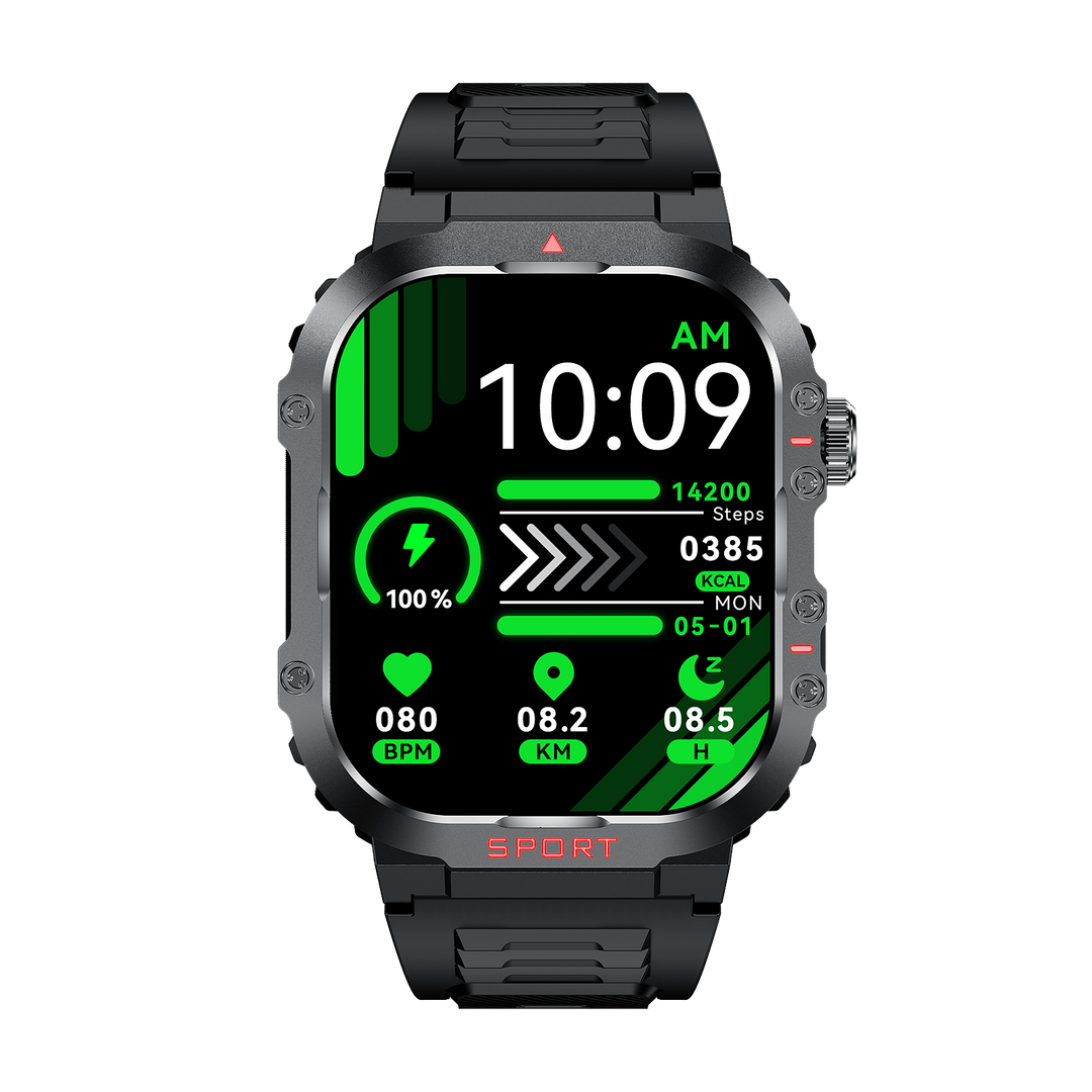 Smartwatch met groot HD-scherm en gezondheidsmonitor, bloedglucose- en hartslagmeting, stijlvol ontwerp.