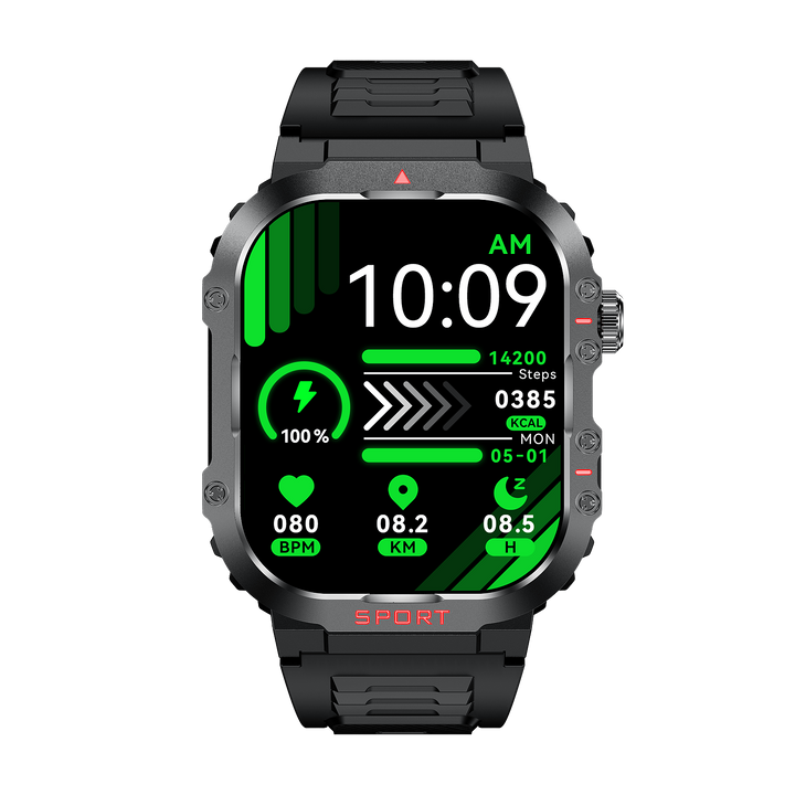 Smartwatch met groot HD-scherm en gezondheidsmonitor, bloedglucose- en hartslagmeting, stijlvol ontwerp.