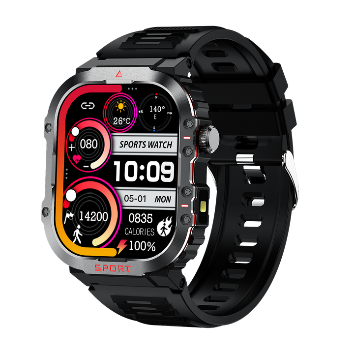 Smartwatch met groot HD-scherm en gezondheidsmonitor, bloedglucose- en hartslagmeting, stijlvol ontwerp.