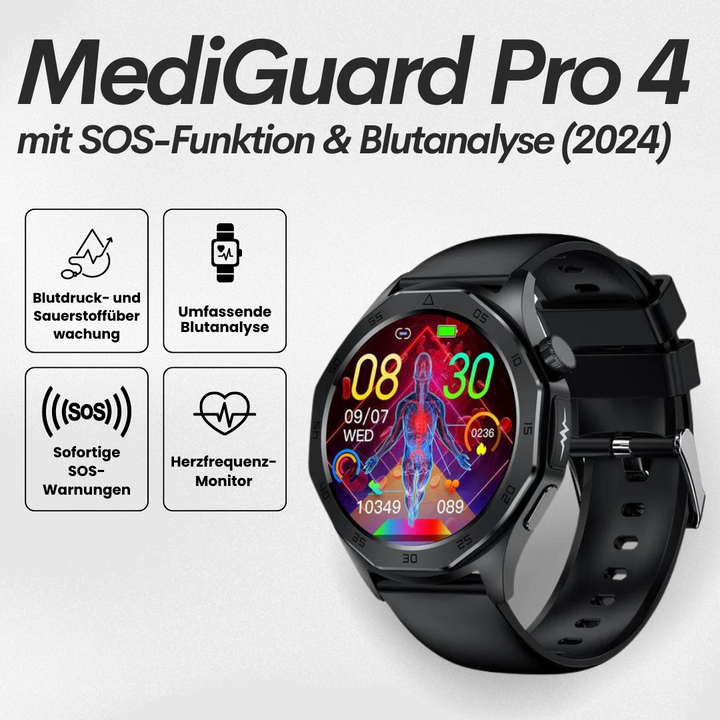 Smartwatch met SOS-functie, bloedglucosemeting en valsensor, elegant design, waterdicht, ideaal voor gezondheidsmonitoring