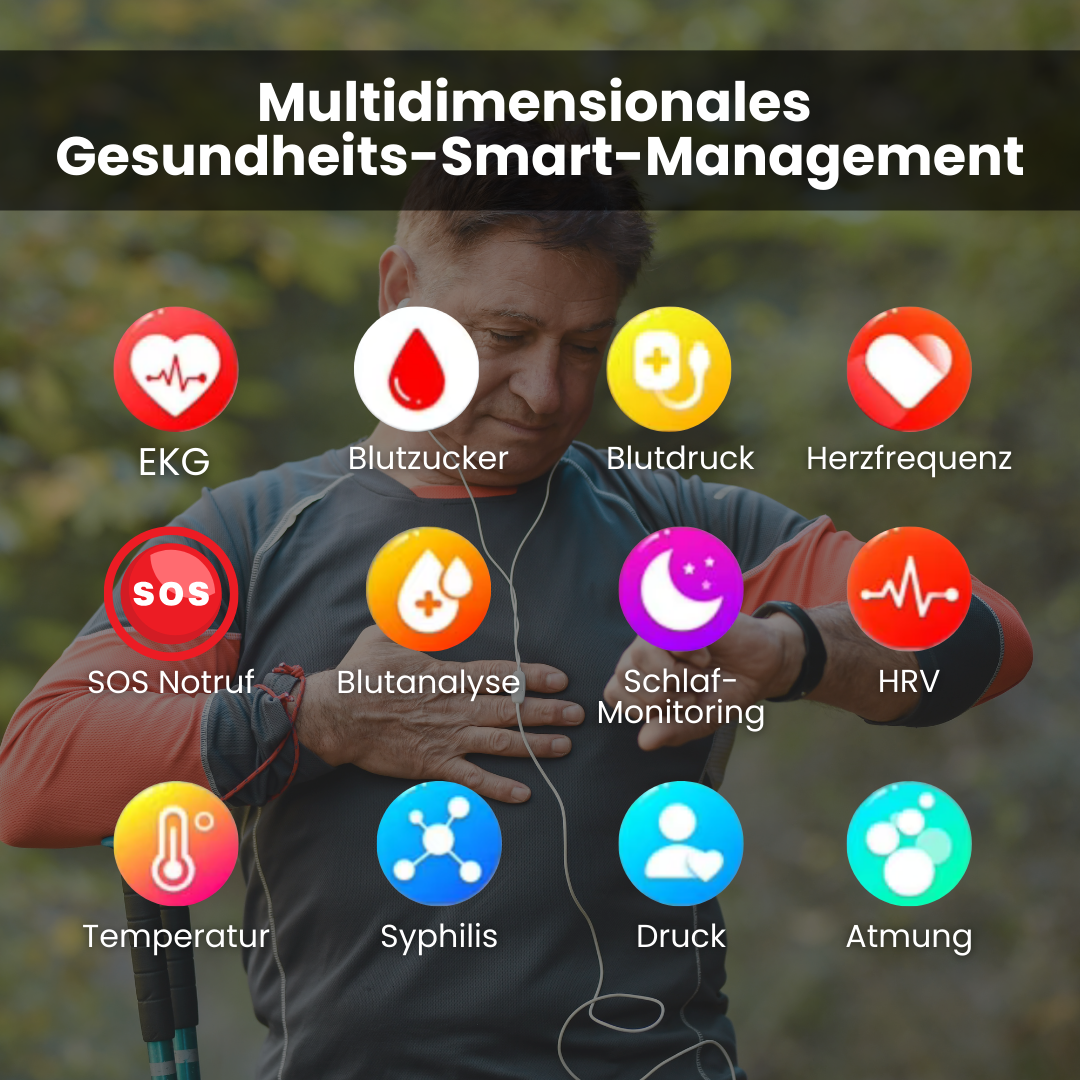 Smartwatch met SOS-functie, bloedglucosemeting en valsensor, elegant design, waterdicht, ideaal voor gezondheidsmonitoring