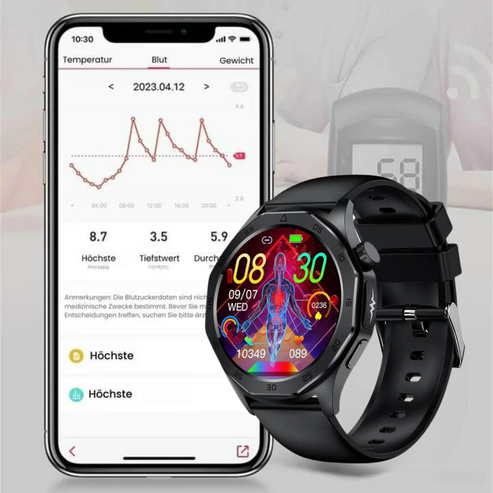 Smartwatch met SOS-functie, bloedglucosemeting en valsensor, elegant design, waterdicht, ideaal voor gezondheidsmonitoring