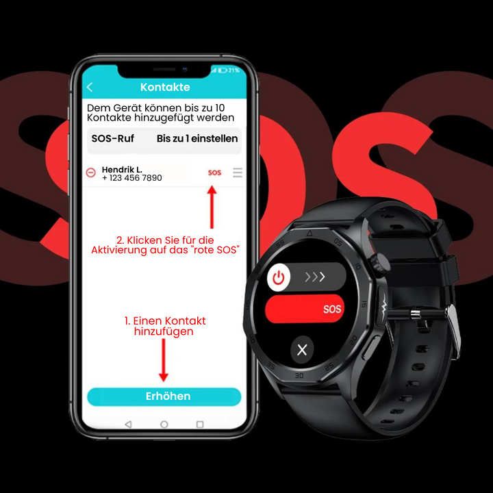 Smartwatch met SOS-functie, bloedglucosemeting en valsensor, elegant design, waterdicht, ideaal voor gezondheidsmonitoring