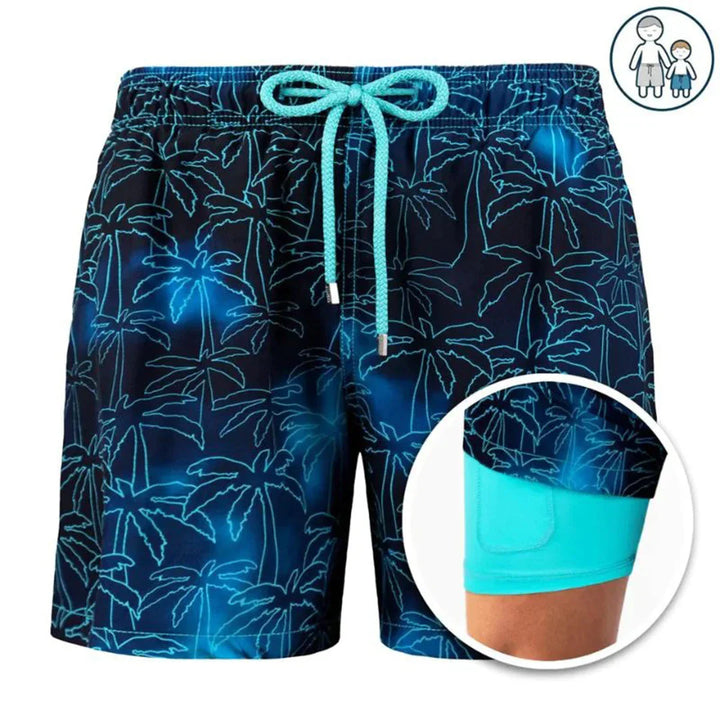 Achterzijde van de comfortabele heren zwembroek. Toont trendy pasvorm voor actieve strandmode.