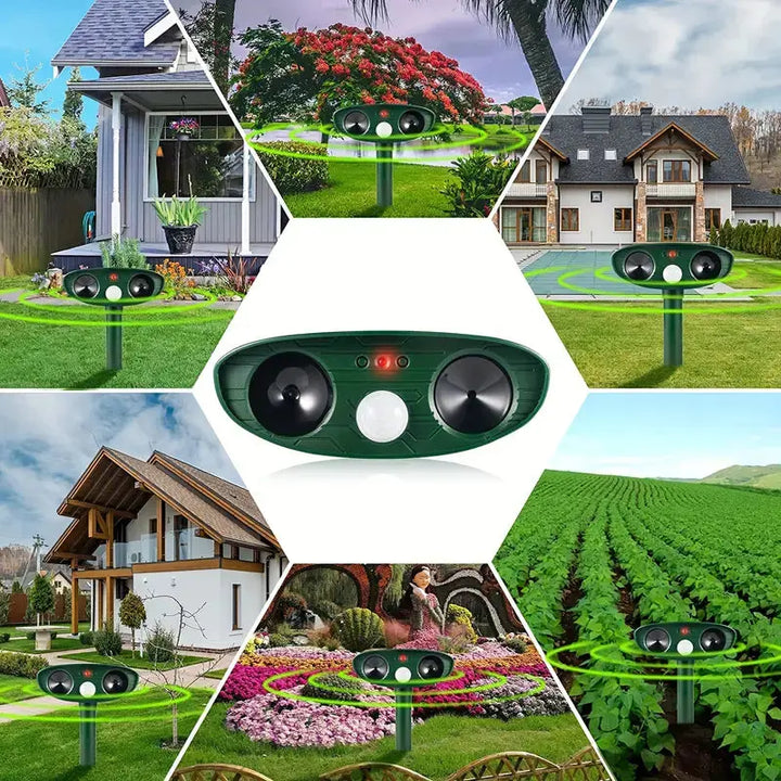 Zonne-aangedreven dierenverjager, weerbestendig, groen, met zonnepaneel en LED-flitslicht, ideaal voor de tuin. Duurzame dierenafwe