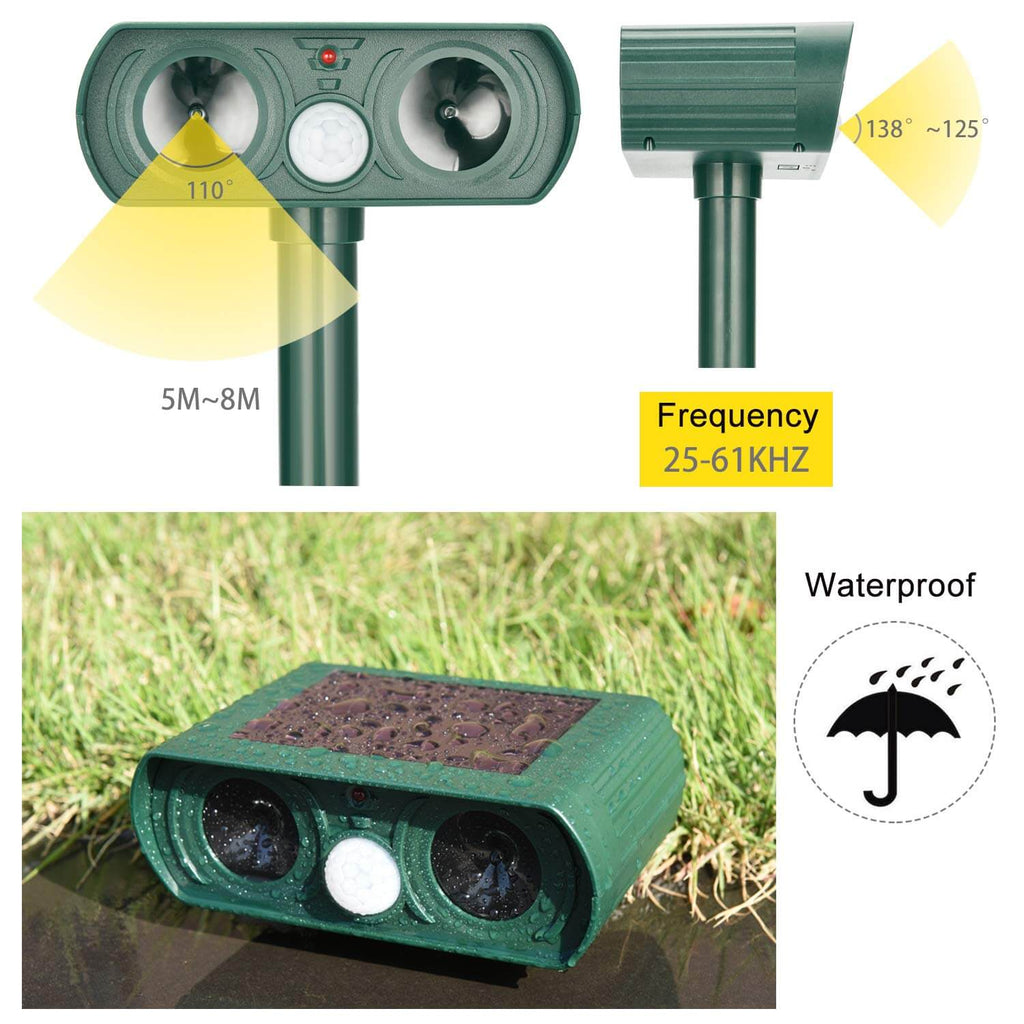 Zonne-ultrasone dierenverjager met infraroodsensor en PIR, efficiënte en weerbestendige dierenafweer in de tuin.